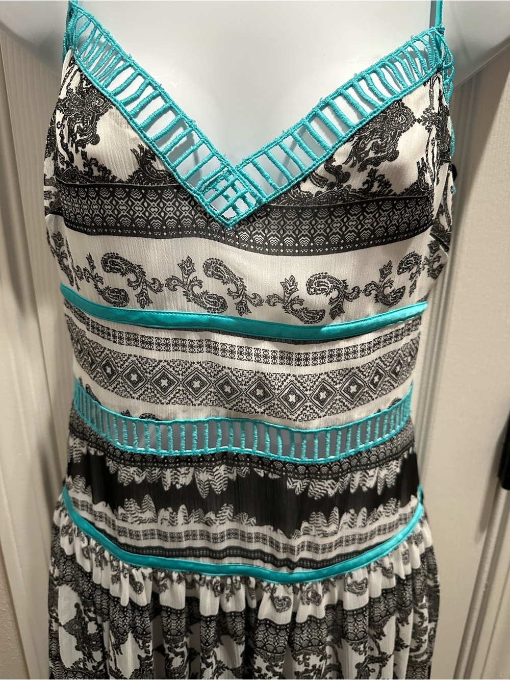 bebe White Maxi Dress with Teal & Gray Stripe Details
